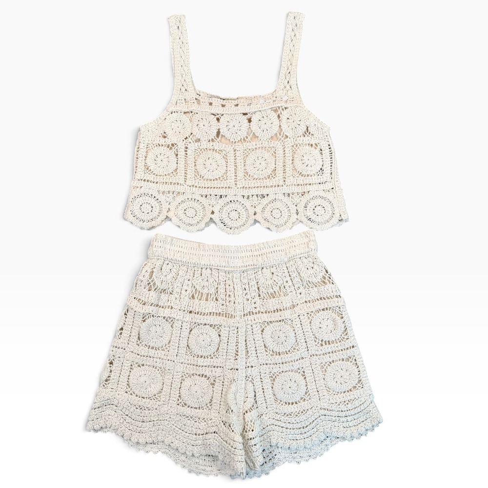 REBELLION AGAIN Two-Piece Crochet Crop Top and Shorts Set Womens M Cream Bohol